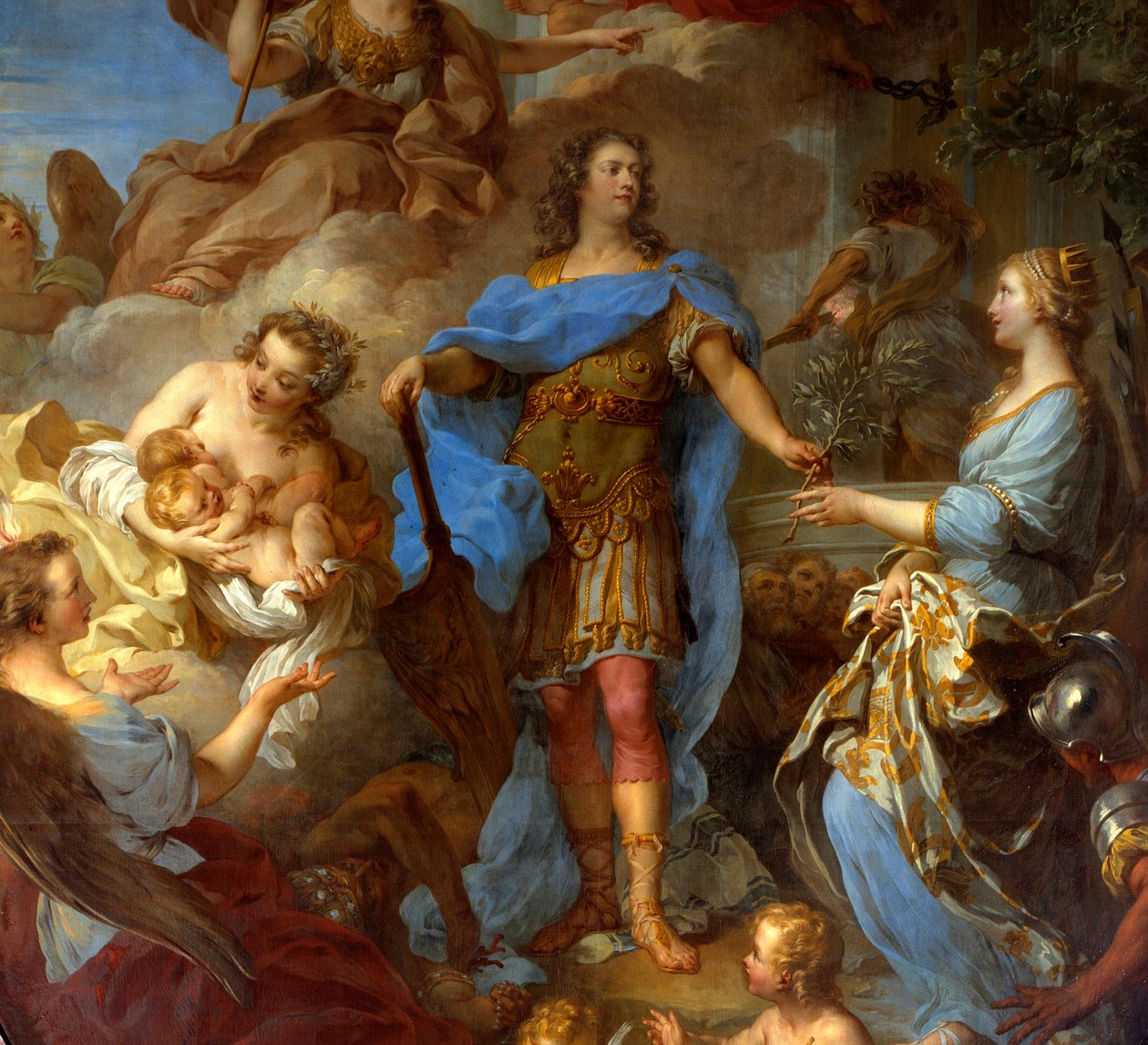 Detail „“krále Ludvíka XV. (1710-1774), který dává mír Evropě““ Alegorie v době sevillské smlouvy, je zde znázorněna bohyně Minerva. Obraz Francoise le Moyna (1688-1737) 1729 Ne. 3,82x2,95 m - Detail krále Ludvíka XV. (1710-1774) přinášejícího od François Lemoyne