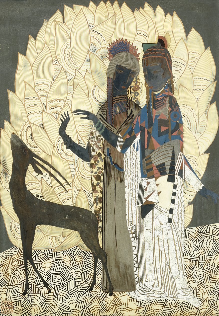 Dvě stylizované ženy s antilopou mezi listy, kolem roku 1928 (lak a dřevěný panel coquille d