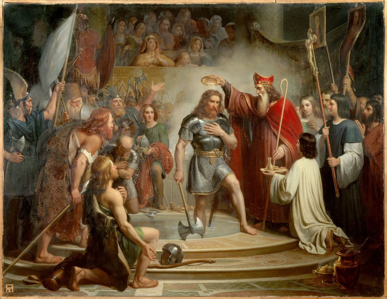 Clovisův křest v Remeši 25. prosince 496. Obraz Francoise Louise Dejuinna (1786-1844) od Francois Louis Dejuinne