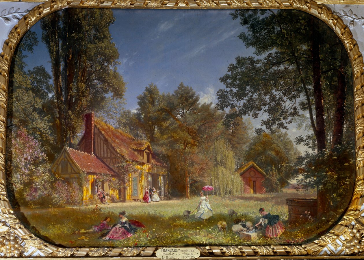 Pohled na vesničku Chantilly. Budova postavená architektem Jeanem Francoisem Leroyem pro prince z Conde v letech 1772 až 1774. Obraz Francoise Louise Francaise (1814 - 1897) od Francois Louis Francais