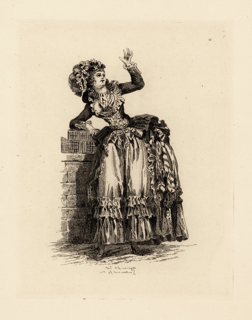 Módní žena v klobouku a la Nicolet, éra Marie Antoinetty (lept) od Francois Louis Joseph (after) Watteau