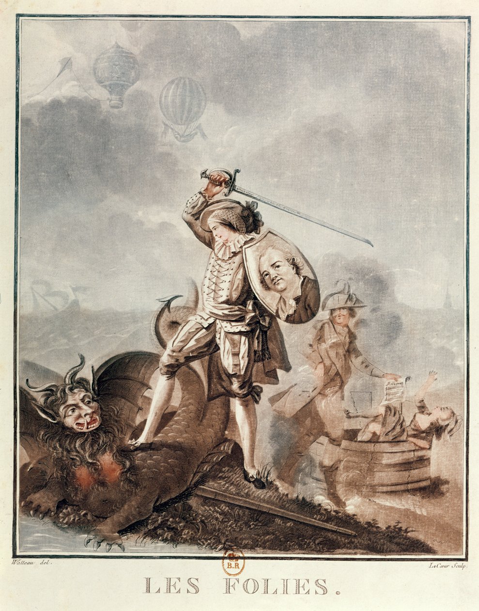 Figaro v boji s harpyjí, kolem roku 1786 (akvatinta) od Francois Louis Joseph Watteau