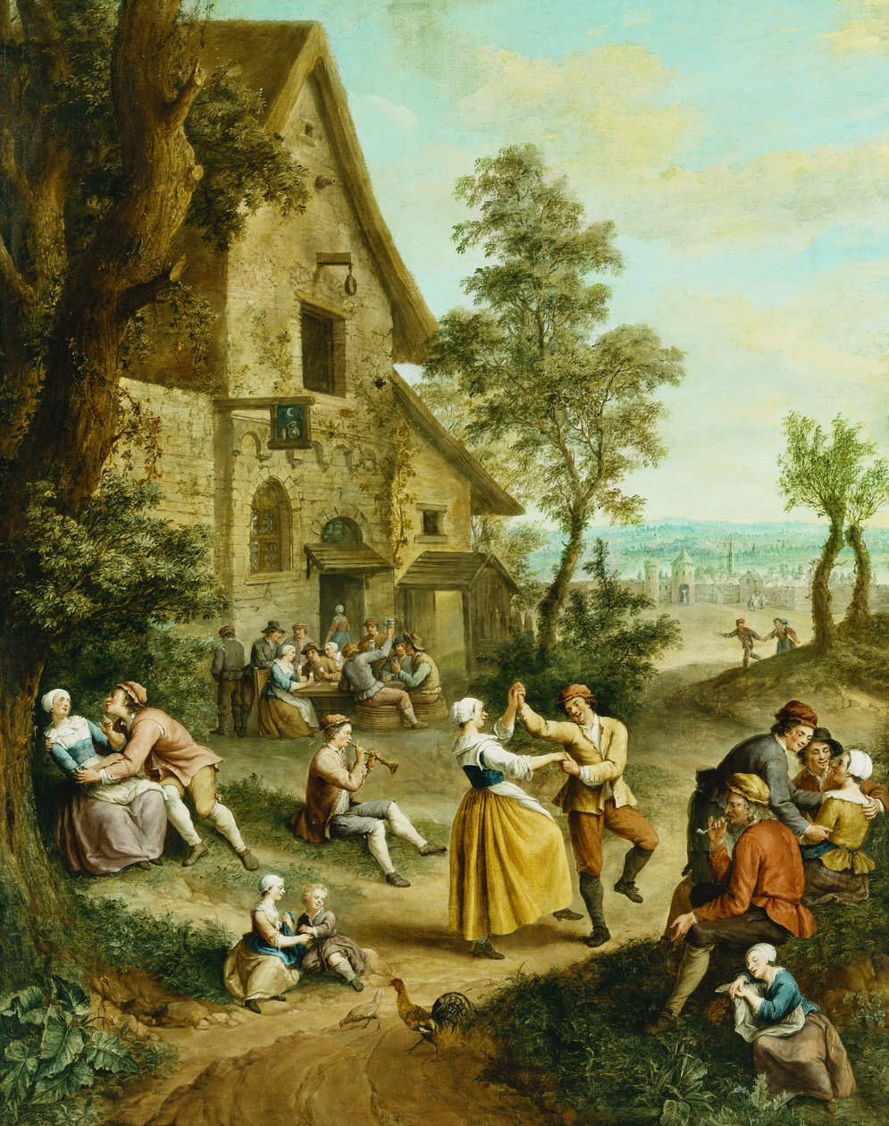 Rolníci tančí a veselí se před hospodou, za opevněným městem, od Francois Louis Joseph Watteau