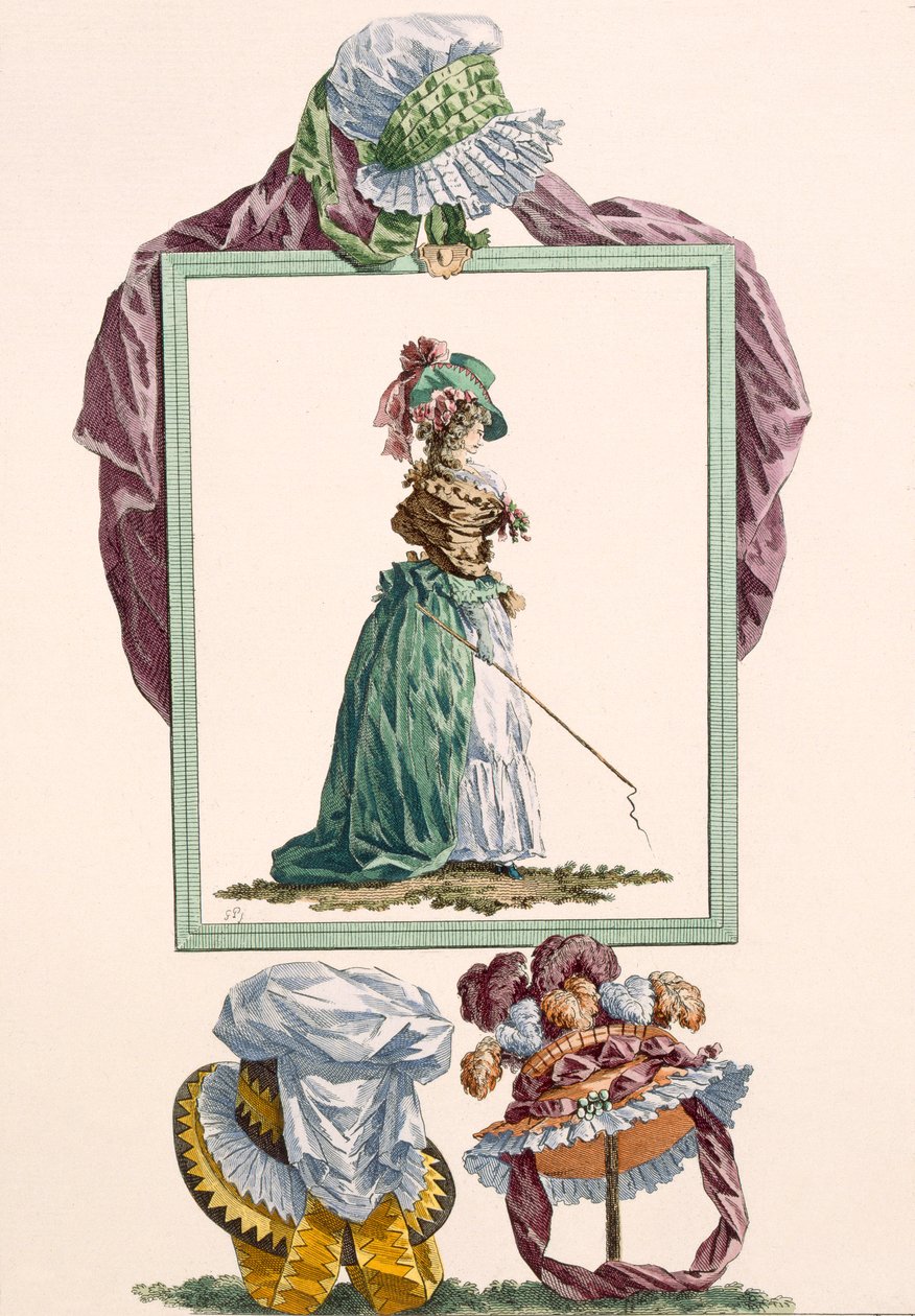 Mladá žena oblečená v pierrot caraco držící bičík na kočár, rytina Dupina, deska č. 238 z "Galeries des Modes et Costumes Francais", asi 1778-87. od Francois Louis Joseph Watteau