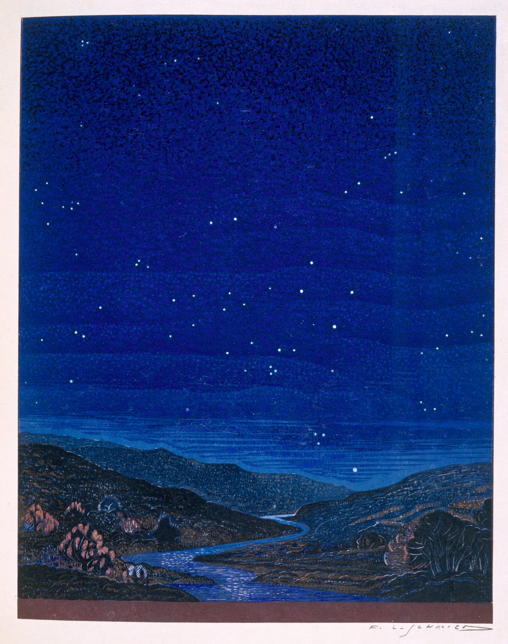 Noční krajina, ilustrace z Rudyarda Kiplinga ‚Kim‘, 1930 od Francois Louis Schmied