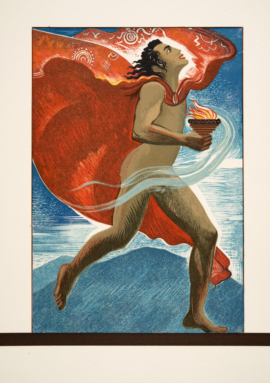 Prométheus běží ohněm, z Prométhée Enchaîné od Aischyla, hospoda. 1941 (pochoirový tisk) od Francois Louis Schmied
