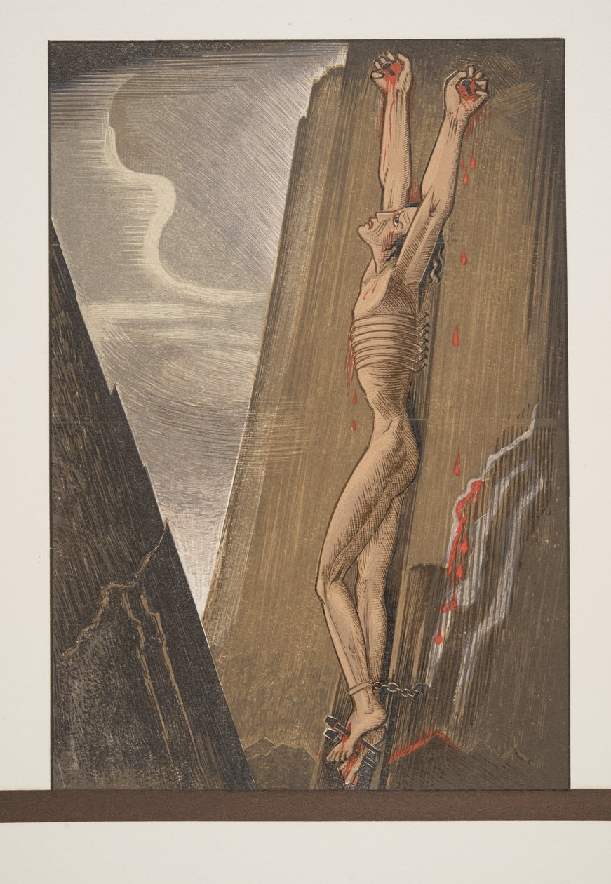 Prométheus přibitý ke skále, z Aischylova Prométhea Enchaîné, vyd. 1941 (pochoárový tisk) od Francois Louis Schmied