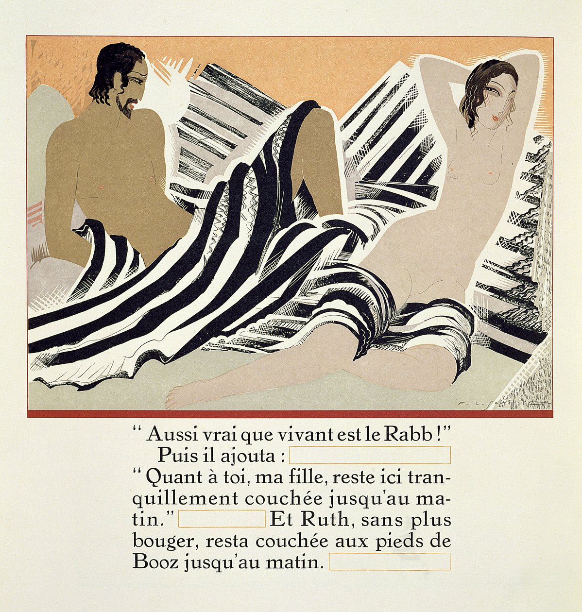 Ruth odpočívá u Boazových nohou, z „Ruth et Booz“, přeloženo J. C. Mardrusem, vydáno 1930 od Francois Louis Schmied