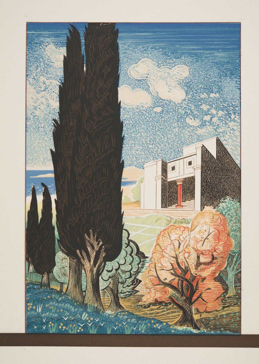 Chrám s cypřišem, z Spoutaného Prométhea od Aischyla, hospoda. 1941 (tisk šablony) od Francois Louis Schmied