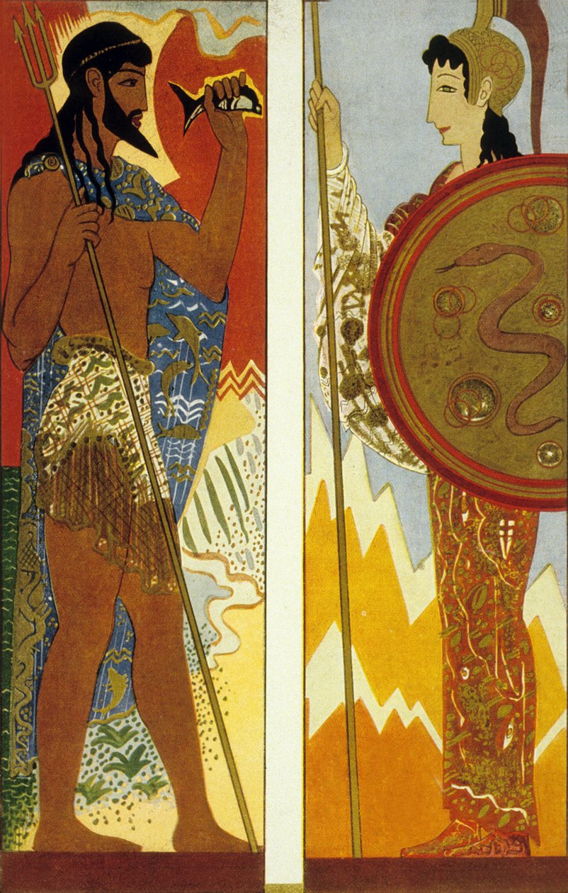 Odyssea od Homéra: bohové Poseidon a Athéna, vyryl Theo Schmied, 1930-33 barevná lito od Francois Louis Schmied