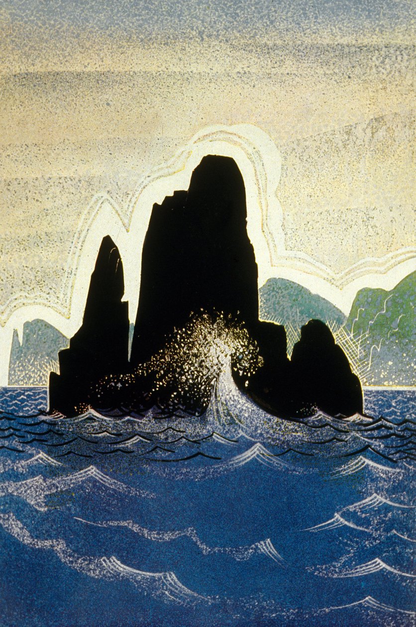 Odyssea od Homera: skála Gortyne, rytina Theo Schmied, 1930-33 barevná litho od Francois Louis Schmied