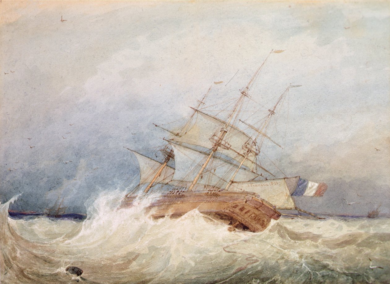 Francouzská fregata v bouřlivém počasí (akvarel) od Francois Louis Thomas Francia