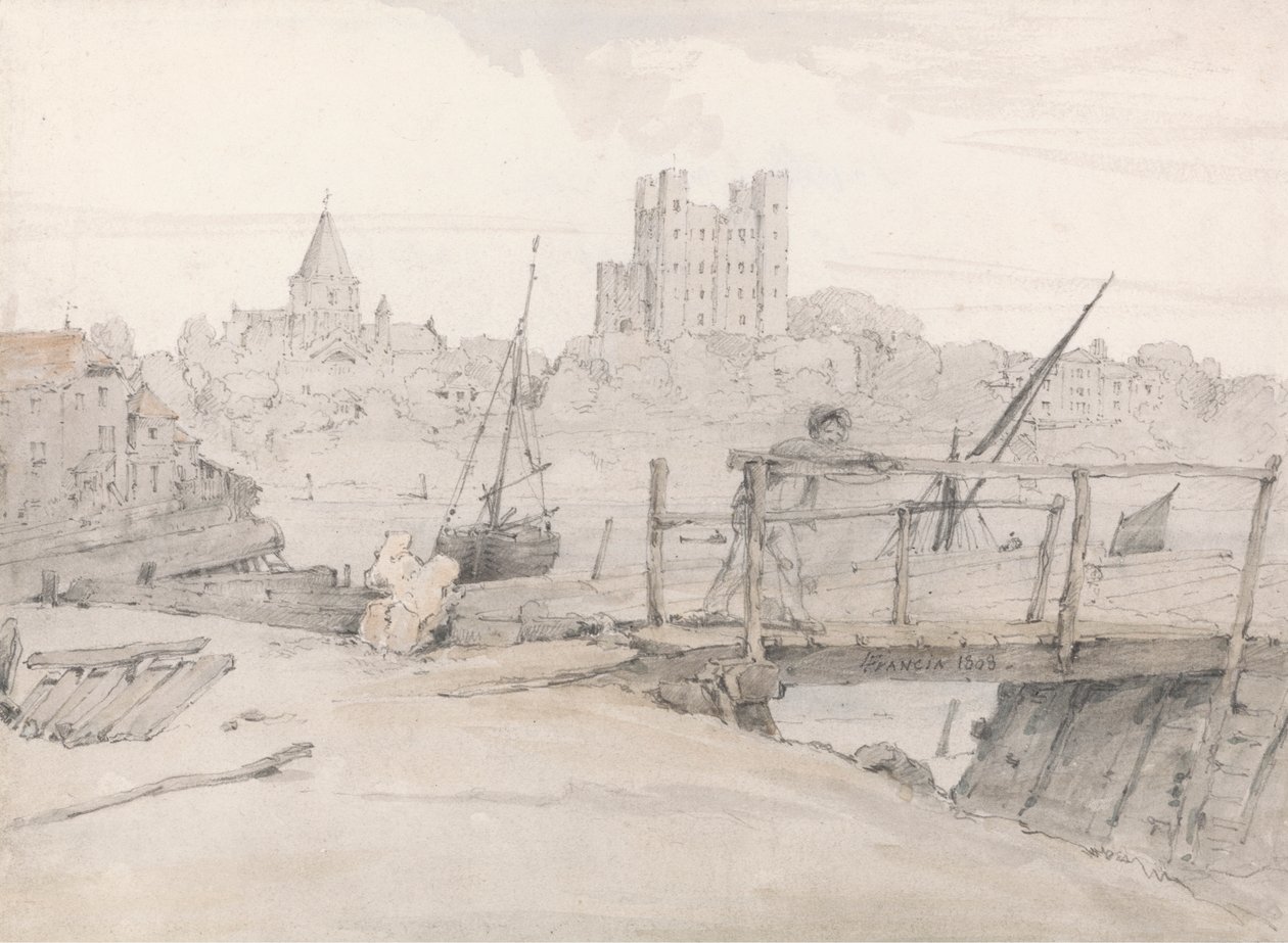 Jihovýchodní pohled na hrad Rochester a katedrálu od Francois Louis Thomas Francia