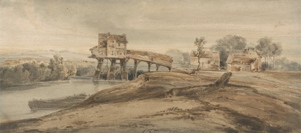Vodní mlýn nad mostem v Charentonu podle malby Thomase Girtina (1775-1802) (wc nad grafitem na papíře) od Francois Louis Thomas Francia