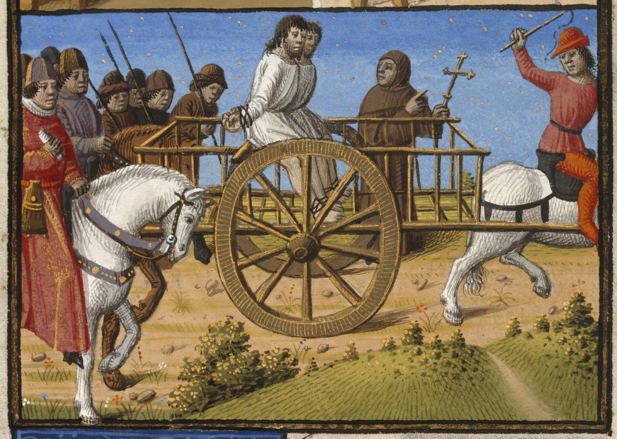 Harley 4375, f.140 Dva vězni na voze odváženi na popravu v doprovodu kněze, ilustrace z „Les Faits et les Dis des Romains et de Autres Gens“ (nebo „Memorabilia“) od Valeria Maxima, Paříž od Francois Maitre