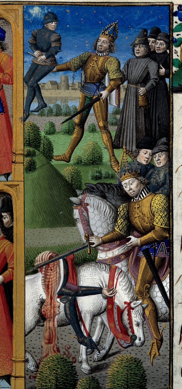 Scény ze života Karla Velikého (742-814) Král Franků: scéna boje. Opice. Miniatura převzatá z rukopisu „Speculum historiale“ (Le Mirror historial) od Vincenta de Beauvais (1184/94-1264) osvícená mistrem Francoisem (15. stol. od Maître François