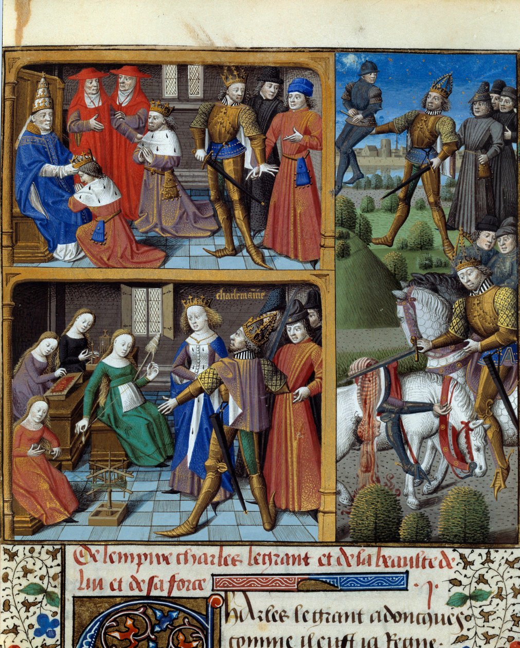 Výjevy ze života krále franků Karla Velikého (742-814). Miniatura převzatá z rukopisu „Speculum historiale“ (Le Mirror historial) Vincenta de Beauvais (1184/94-1264) osvíceného mistrem Francoisem (15. století). Chantilly, Conde od Maître François