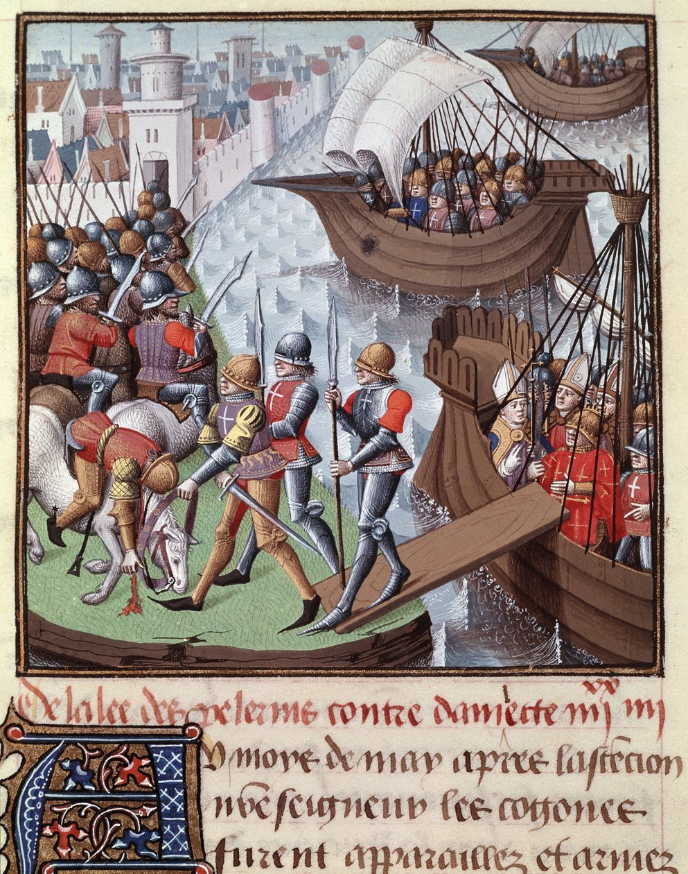 Sedmá křížová výprava: flotila Croises vedená Saint Louis z Damiette v roce 1249. Miniatura převzata z rukopisu „Le Mirror historial de Vincent de Beauvais“, svazek III mistra Francoise (15. století). Fol.418r. Musee Conde, Chantilly od Maître François