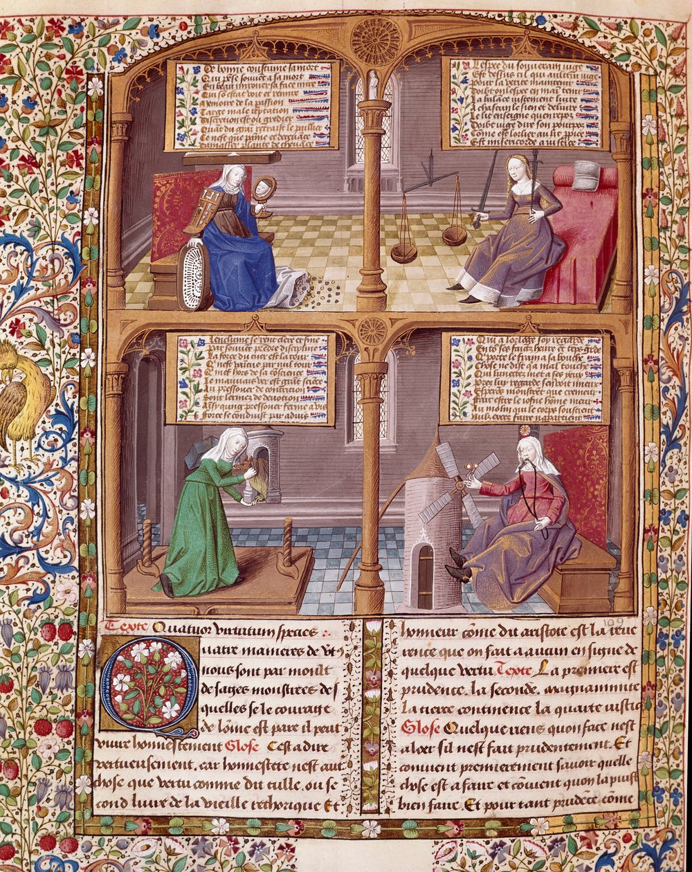 Čtyři kardinální viry: obezřetnost, síla, zdrženlivost a spravedlnost. Strana převzata z rukopisu Seneca (Lucius Annaeus Seneca, 4 př. nl-65 n. l.), filozofa stoické školy, dramatika a římského státníka osvíceného mistrem Francoisem. od Maître François