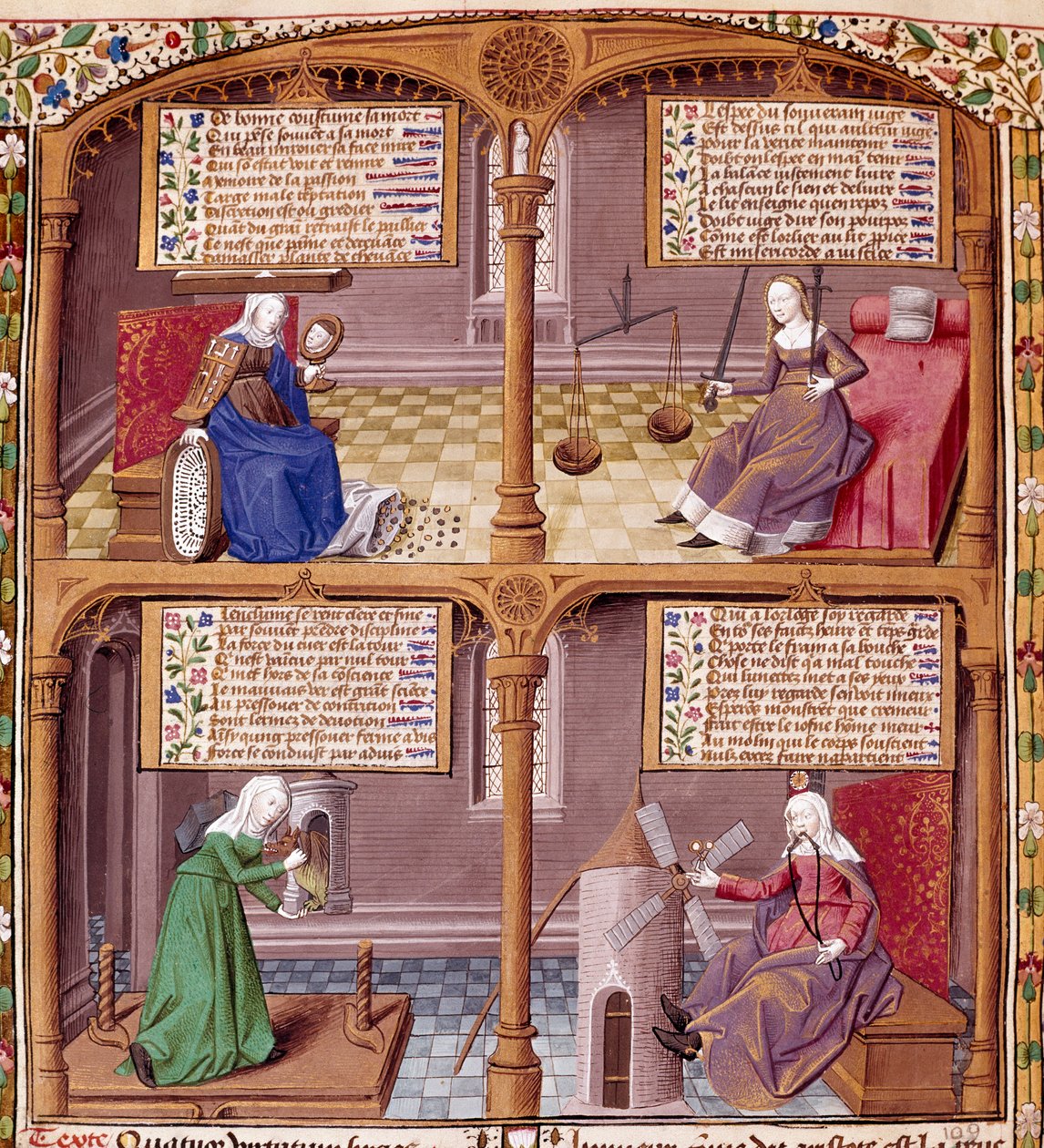 Čtyři kardinální viry: obezřetnost, síla, zdrženlivost a spravedlnost. Strana převzata z rukopisu Seneca (Lucius Annaeus Seneca, 4 př. nl-65 n. l.), filozofa stoické školy, dramatika a římského státníka osvíceného mistrem Francoisem. od Maître François