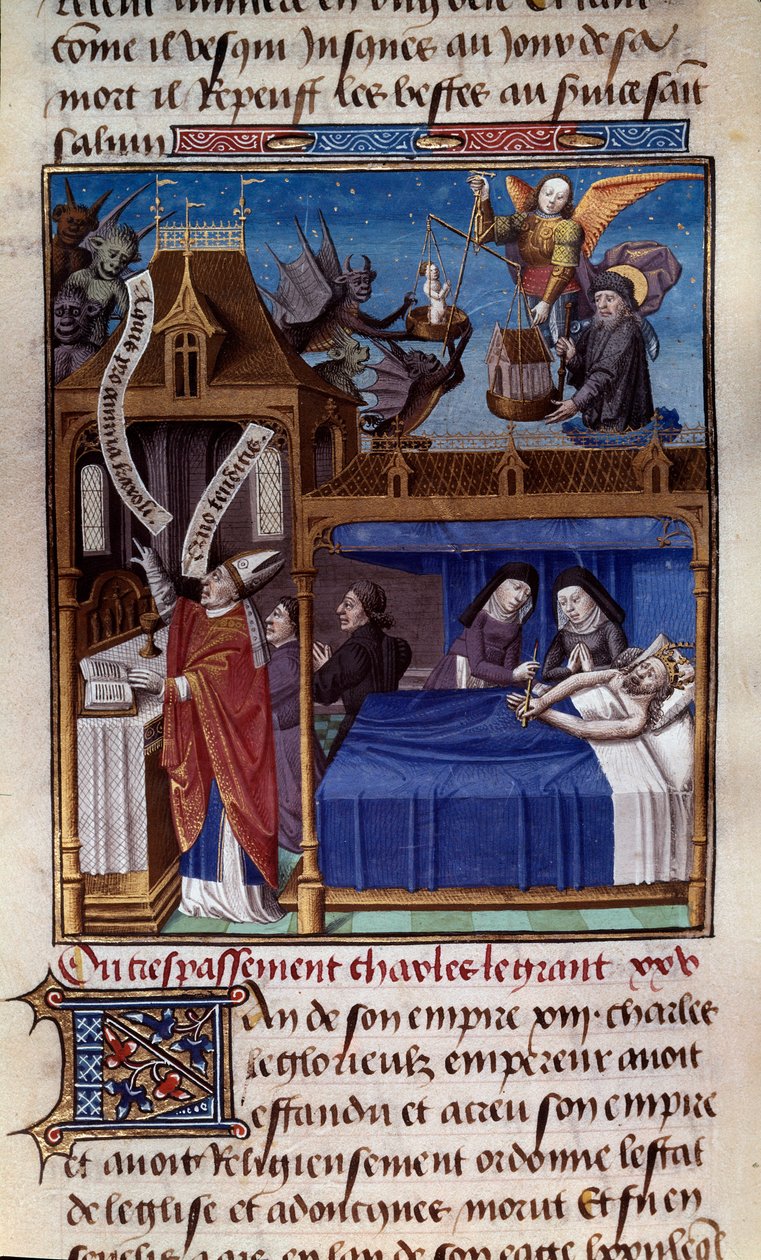 Smrt Karla Velikého (742-814) Miniatura převzatá z rukopisu „Speculum historiale“ (Le Mirror historial) Vincenta de Beauvais (1184/94-1264) osvíceného mistrem Francoisem (15. století). Chantilly, Conde Museum od Maître François