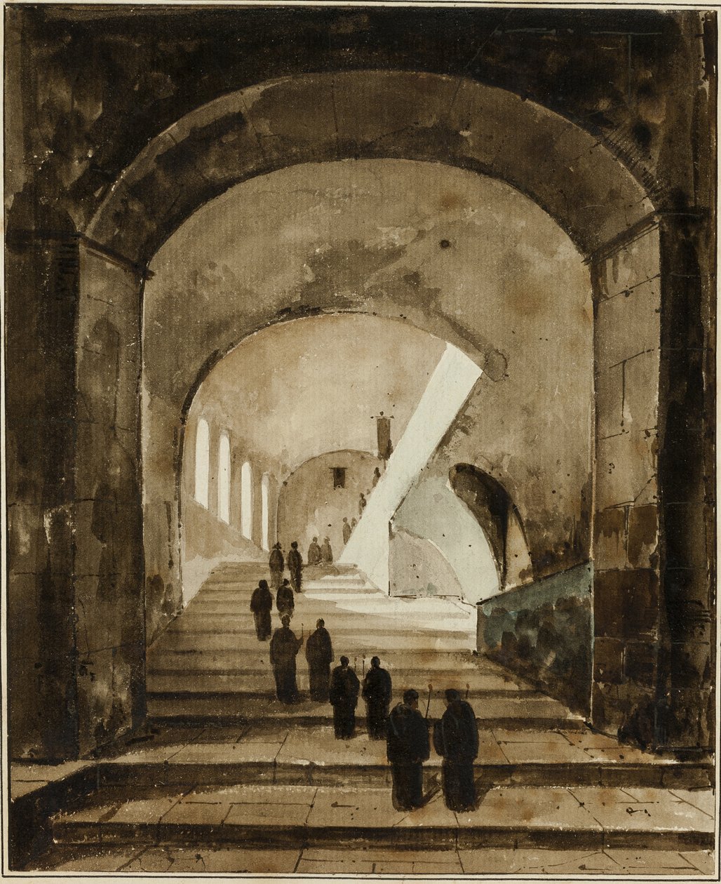 Mniši na schodišti vily Maecenas v Tivoli od Francois Marius Granet