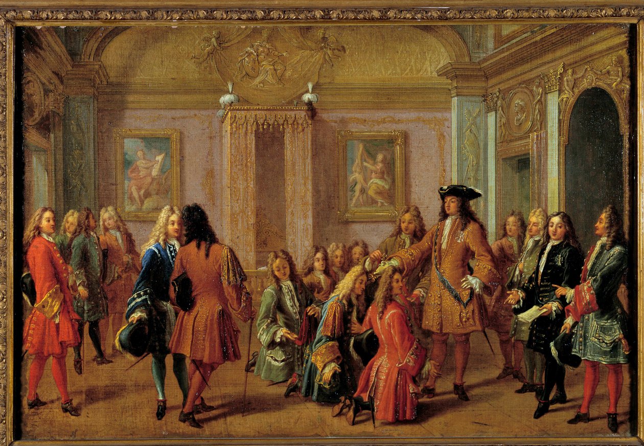 První povýšení rytířů Řádu Saint-Louis Ludvíkem XIV. ve Versailles dne 8. května 1693 Obraz Francoise Marota (1666-1719) 17. století ne. 51 x 0,76 m. od Francois Marot