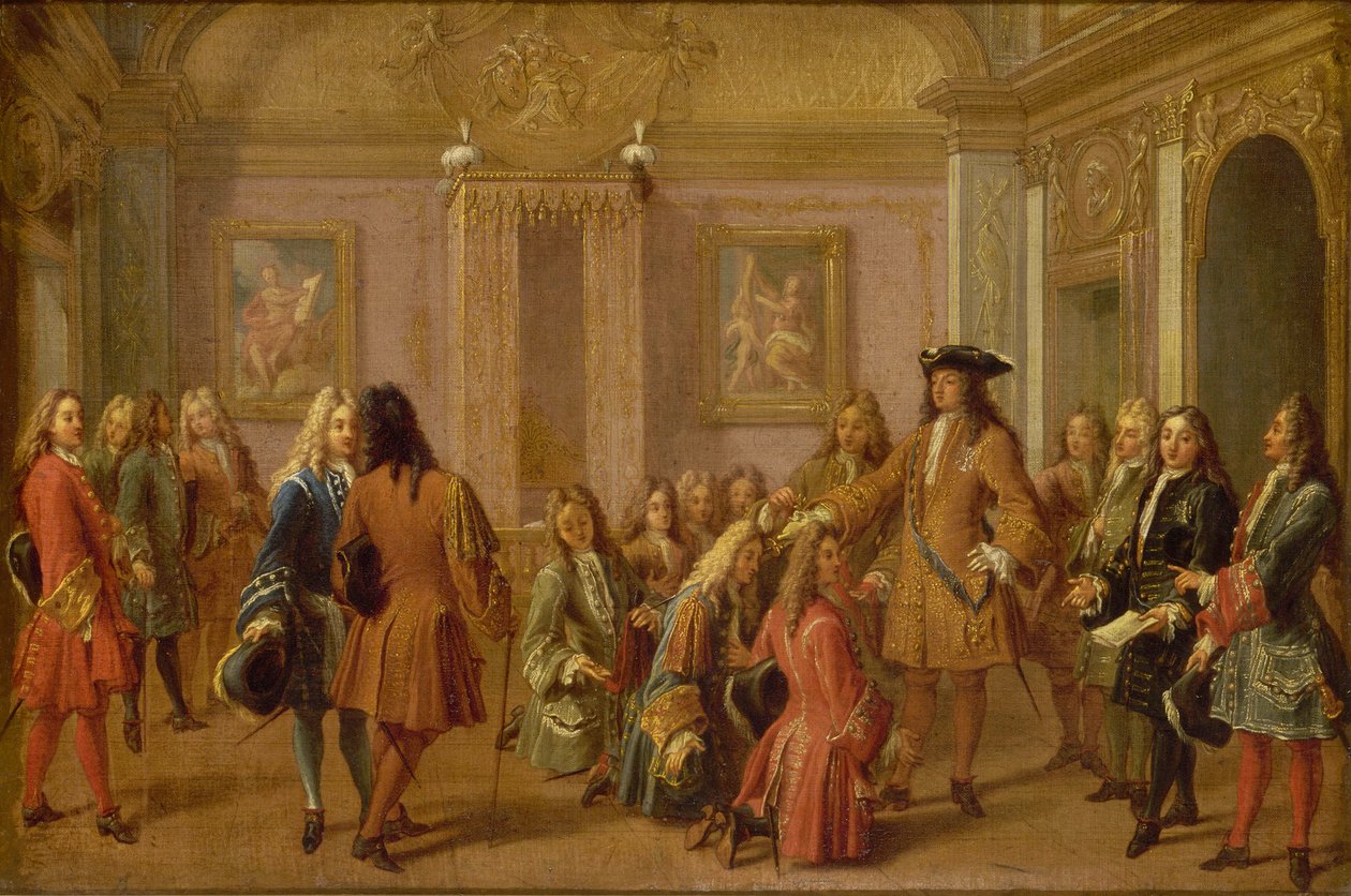 První povýšení rytířů Saint Louis Ludvíkem XIV., Versailles 8. května 1693, 1710. od Francois Marot
