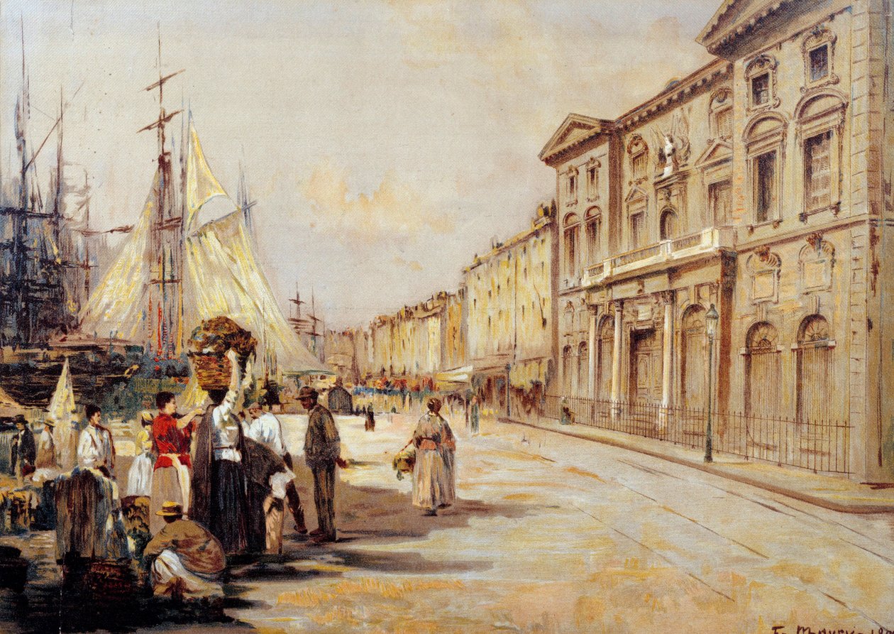 Pohled na Quai Saint Jean ve scéně Marseille Street. Kresba Francoise Mauryho (1861-1933) 1902 Marseille, Muzeum staré Marseille od Francois Maury