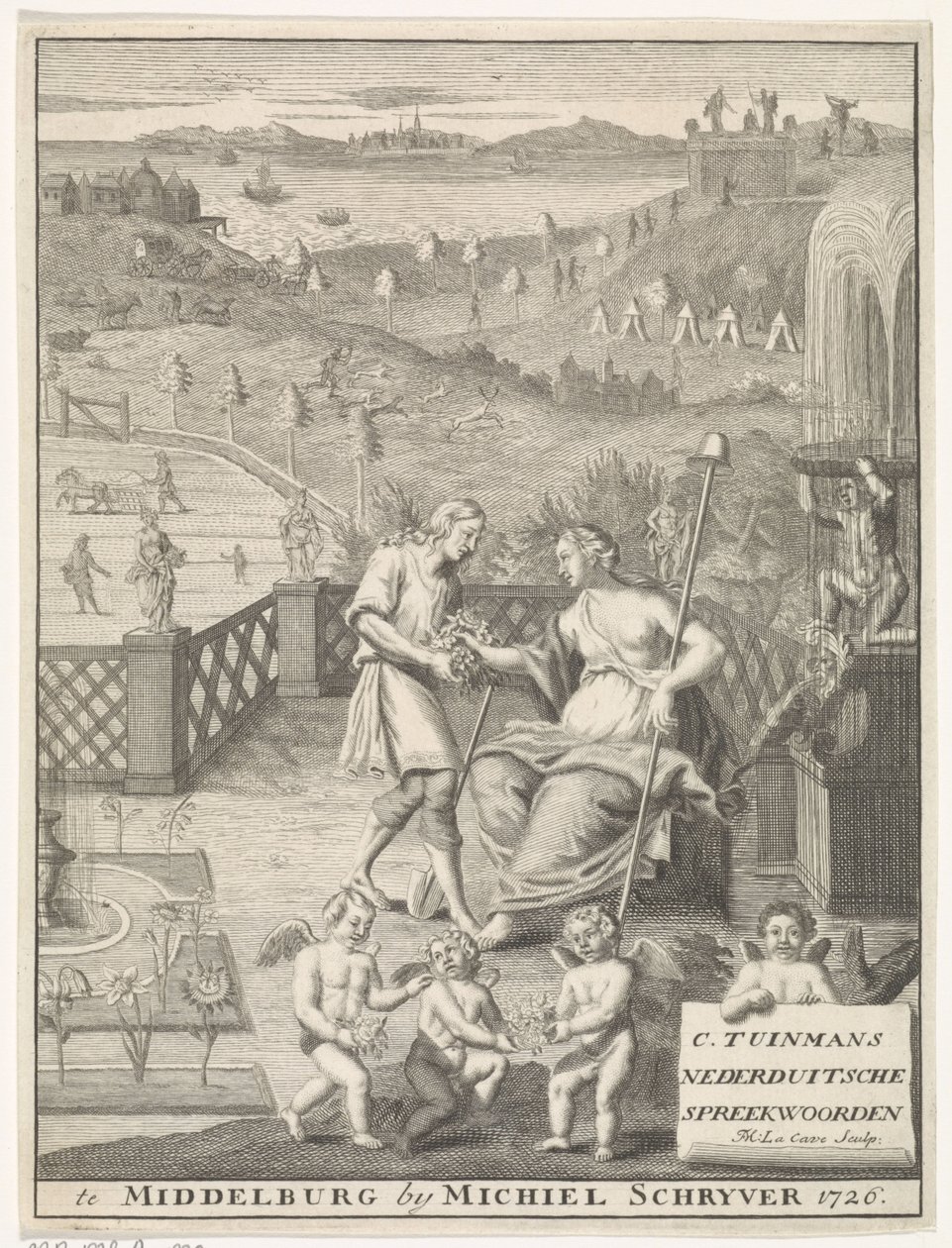 Holandská panna dostává květiny od zahradníka Titulní strana pro: Carolus Tuinman, Původ a výklad (...) Nederduitsche proverbs, 1726. od Francois Morellon la Cave