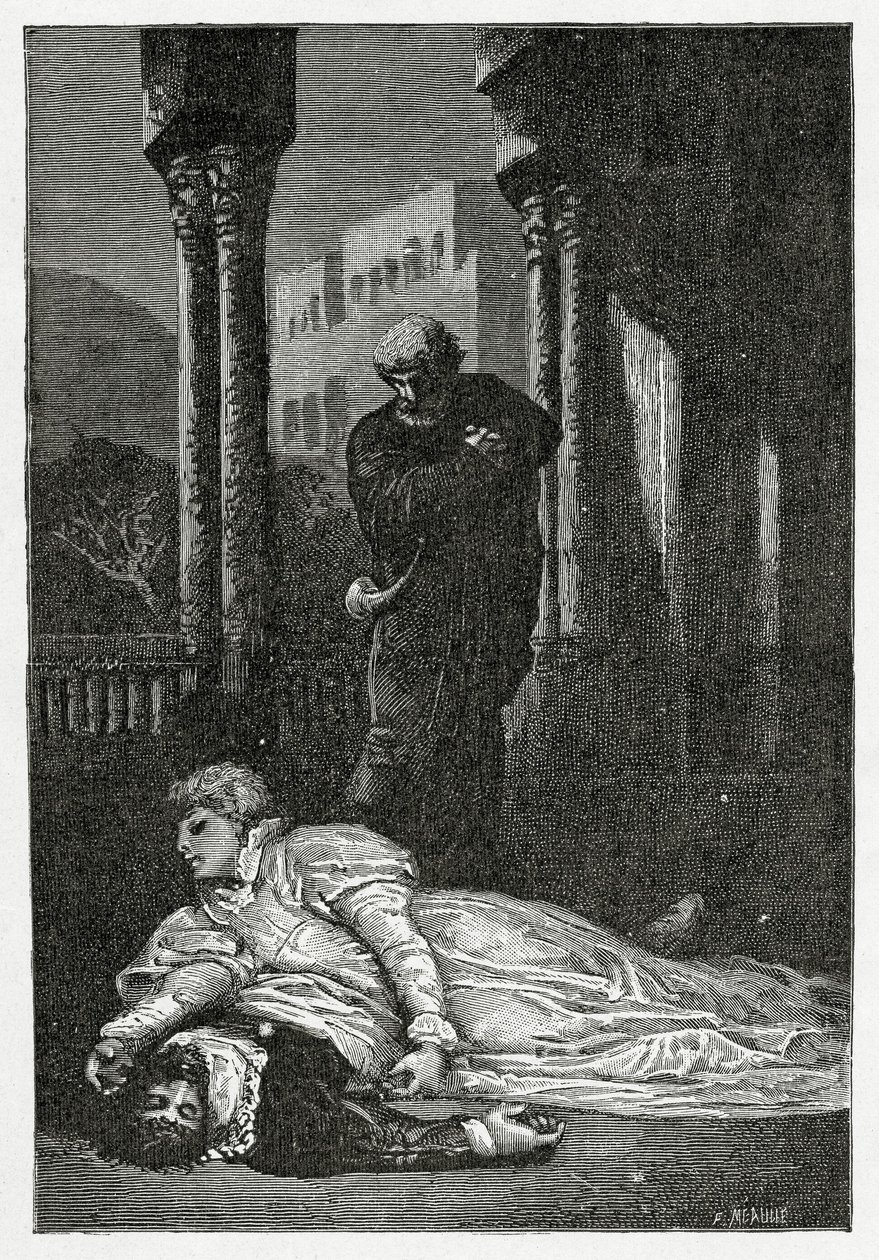 Dona Sol umírá na Hernaniho mrtvole, 19. století (č. rytina) od Francois Nicolas Chifflart