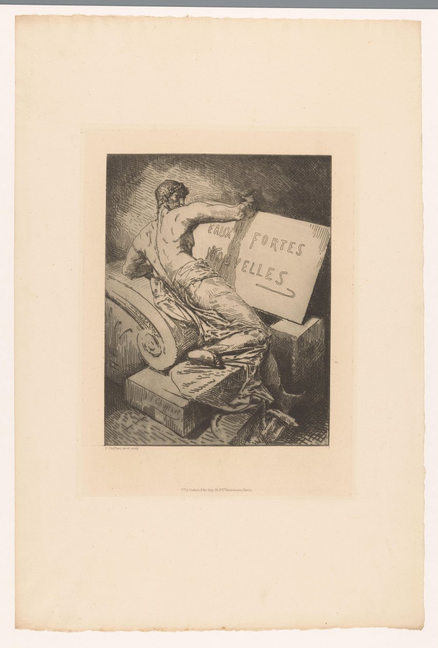 Titulní tisk s mužem na kamenném pomníku Eaux Fortes Nouvelles (název na objektu) Lepty různých grafiků z roku 1877 (název série) L