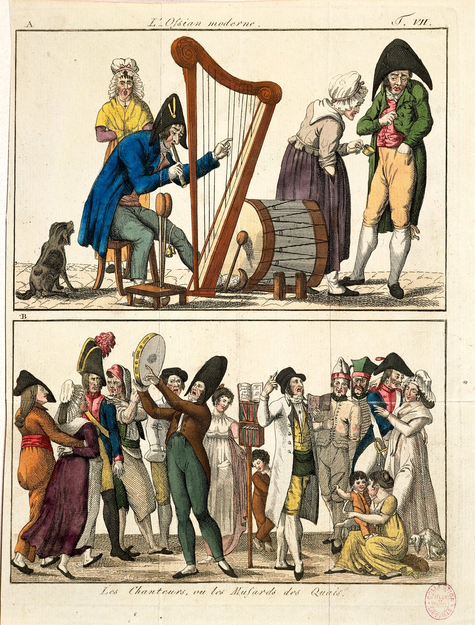 Karikatura moderního Ossiana a pouličních zpěváků, Francois Nicolas Martinet, rytina od Francois Nicolas Martinet