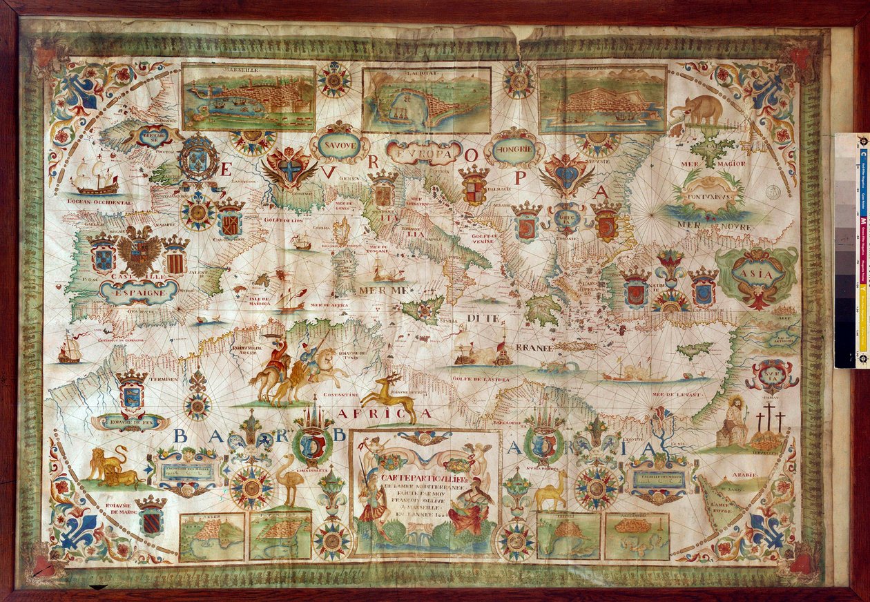 Zeměpisná mapa Středozemního moře znázorňující pobřeží Evropy (Francie, Španělsko, Itálie a Afrika (Tunisko, Alžírsko, Egypt). Moře je zalidněno příšerami a karavelami, zatímco na zemi jsou vidět všechny druhy zvířat a obyvatelé regi od Francois Ollive