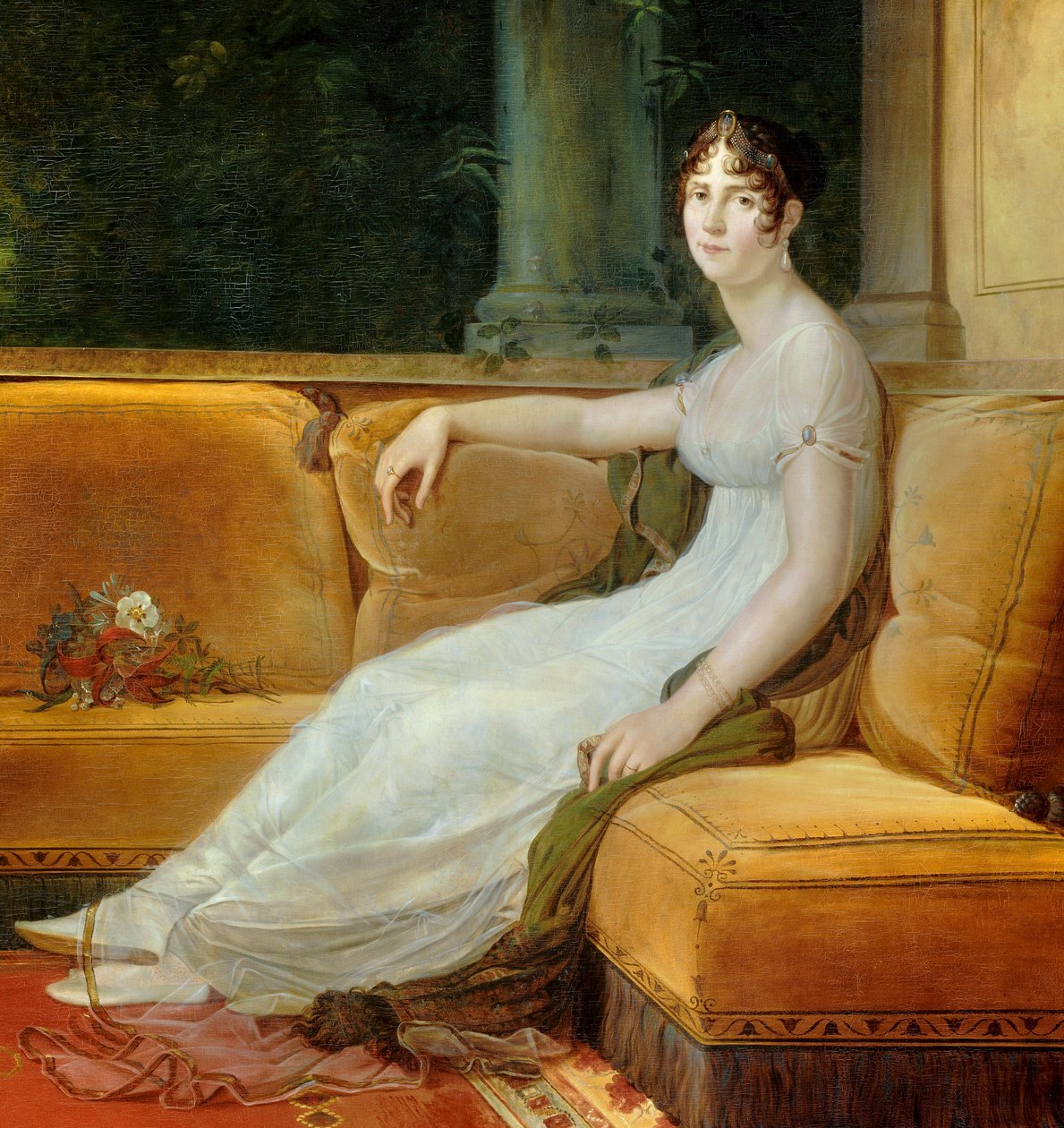 Detail ""Portrét císařovny Josephine de Beauharnais (1763-1814) v jejím salonu v Malmaison"" Obraz Francoise Gerarda (1770-1837) 1801 Sun. 1,71x1,64 m Malmaison, zámecké muzeum - Celovečerní portrét císařovny Josefíny de Beauharnais od Baron François Pascal Simon Gérard