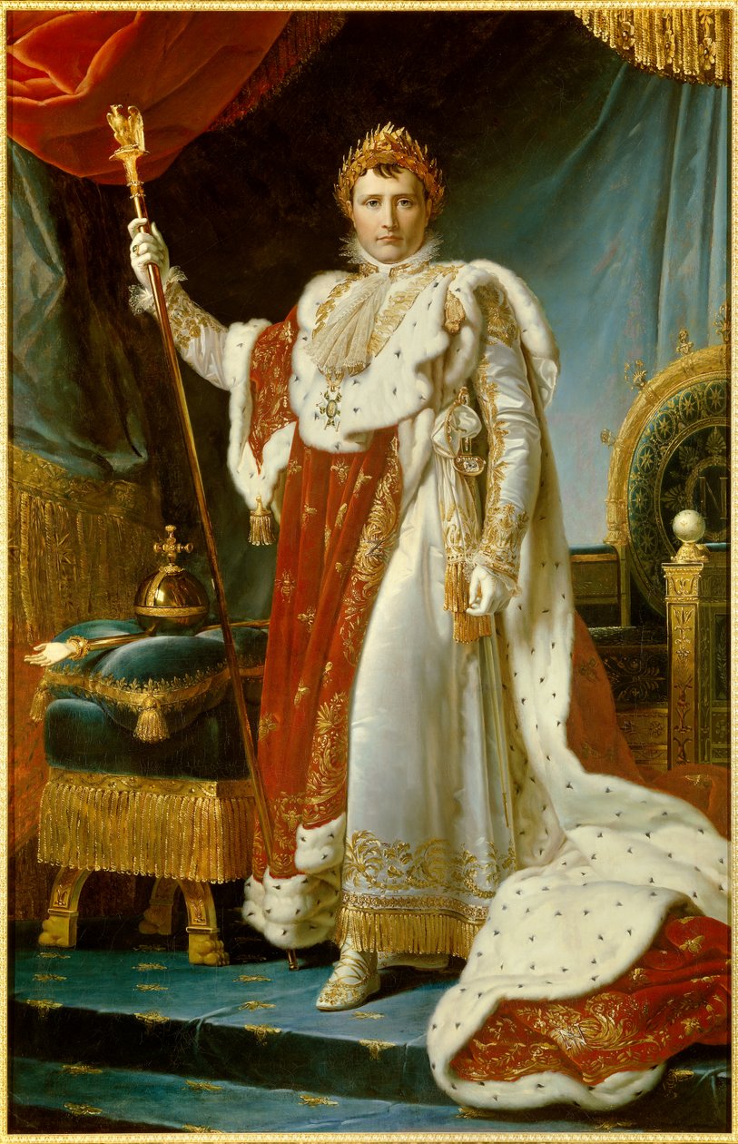 Portrét v nohou Napoleona I. v posvátném kostýmu (1769-1821) císaře francouzského malířství od Francoise Gerarda (1770-1837). 1805. Rozm. 2,23 x 1,43 m. Versailles, musee du Chateau - Celovečerní portrét Napoleona I. v korunovačním rouchu (1769-1821) císař od Baron François Pascal Simon Gérard