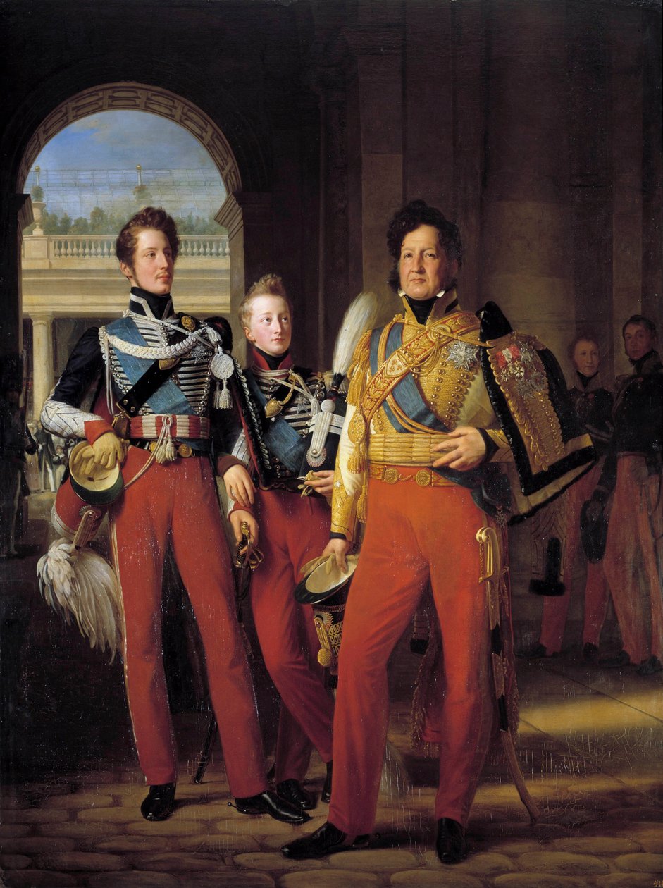 Portréty na nohou Ludvíka-Philippa I. (1773-1850), vévody z Orleansu v uniformě jako generálplukovník husardů, a jeho synů: vévody z Chartres a vévody z Nemours Obraz Louis Hersent (1777-1860) po Francois Gerard (1770-1837) 1832. Ne 2 od Baron François Pascal Simon Gérard