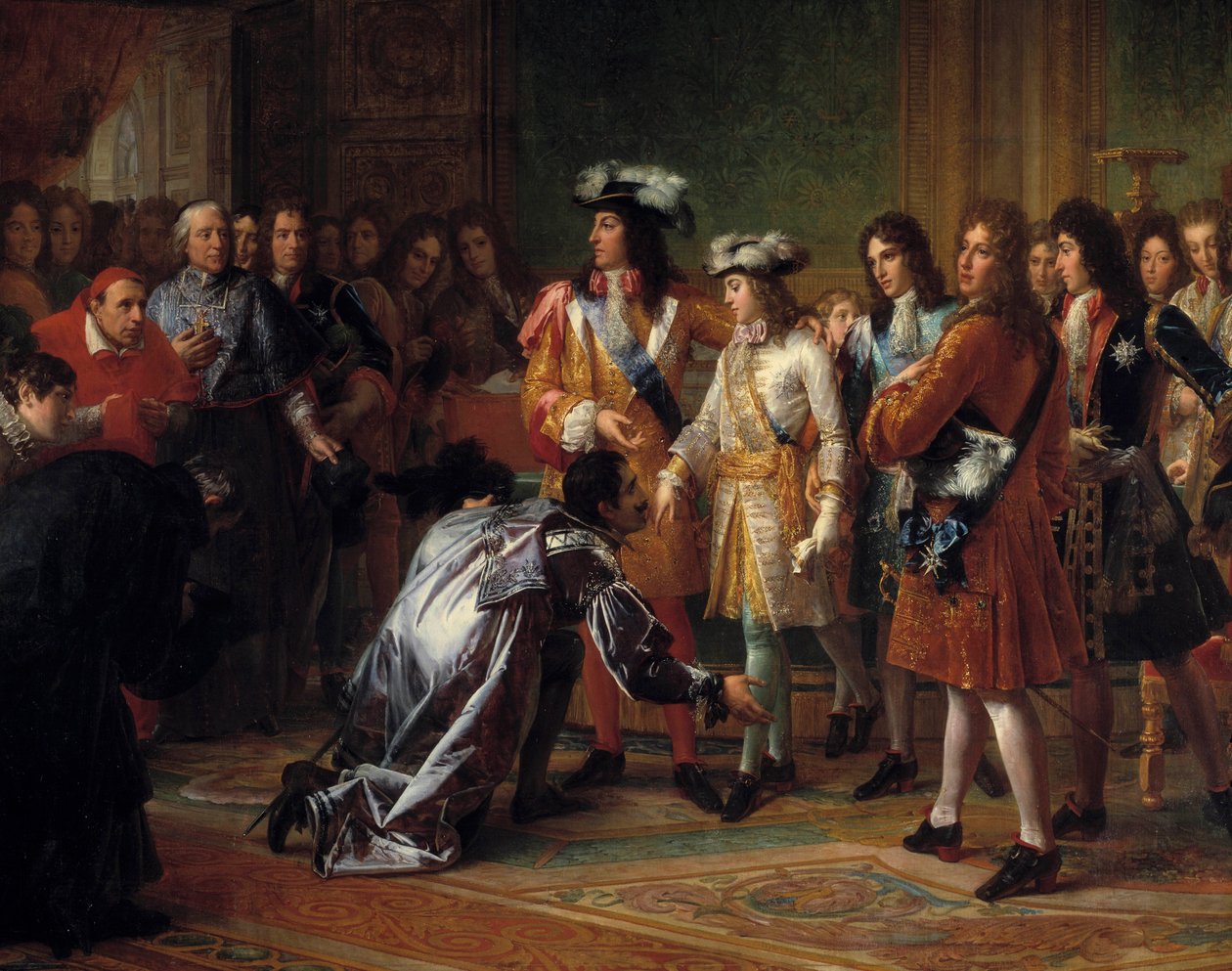 Vyhlášení vévody z Anjou, španělského krále pod jménem Filip V. dne 16. listopadu 1700 (v modrém kostýmu za kardinálem vlevo stojí Jacques-Benigne (Jacques Benigne) Bossuet). Obraz Francoise Gerarda (1770-1837). Slunce 18. století od Baron François Pascal Simon Gérard