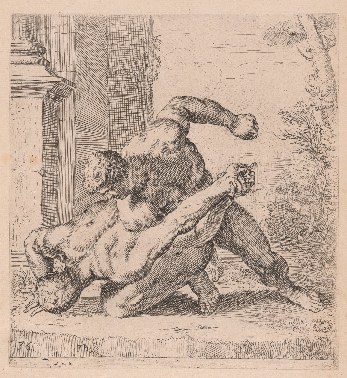 The Medici Wrestlers, side view, turned to left [plate 36]   1243975   cs       czech Successfully Translated  Original: Vier jongens spelend bij een perkje met pioenrozen Spelende kinderen in de twaalf seizoenen (series title) Gido juniko (series title on od Francois Perrier