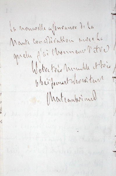 Dopis s podpisem spisovatele, napsaný ve Frankfurtu na cestě do Chateaubriand na nové místo zplnomocněného ministra v Berlíně, 7. ledna 1821 (pero a inkoust na papíře) od Francois Rene Vicomte de Chateaubriand