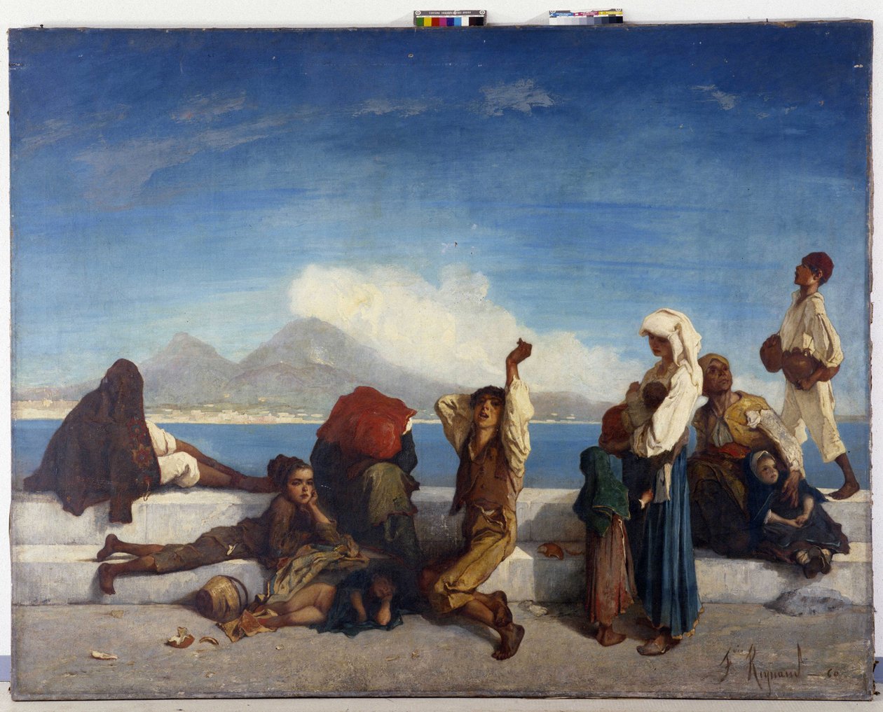 Lazzaroni, postavy neapolského lidu. Pohled na Neapolský záliv (olej na plátně) od Francois Reynaud