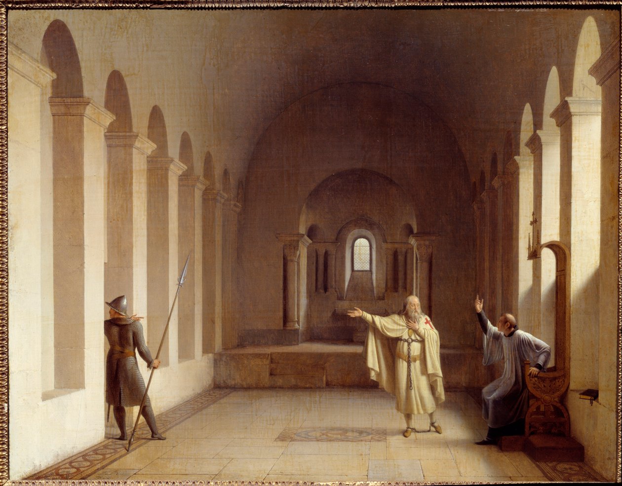 Jacques de Molay (Molai) (1243-1314), velký mistr templářů Jacques de Molay zastavený od roku 1307, je zadržován v královském paláci v Chinonu, kde je vyslýchán papežskými a královskými zástupci. Obraz Francoise Richarda Fleuryho (1777-1852) S od Francois Richard Fleury