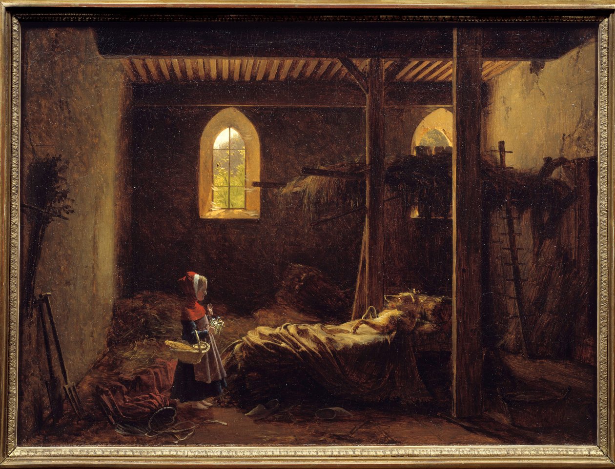 Červená Karkulka Ilustrace pohádky Charlese Perraulta, Červená Karkulka před vlkem v přestrojení za babičku. Obraz Francoise Richarda Fleuryho (1777-1852) 19. století Sun. 0,35x0,47 m . od Francois Richard Fleury