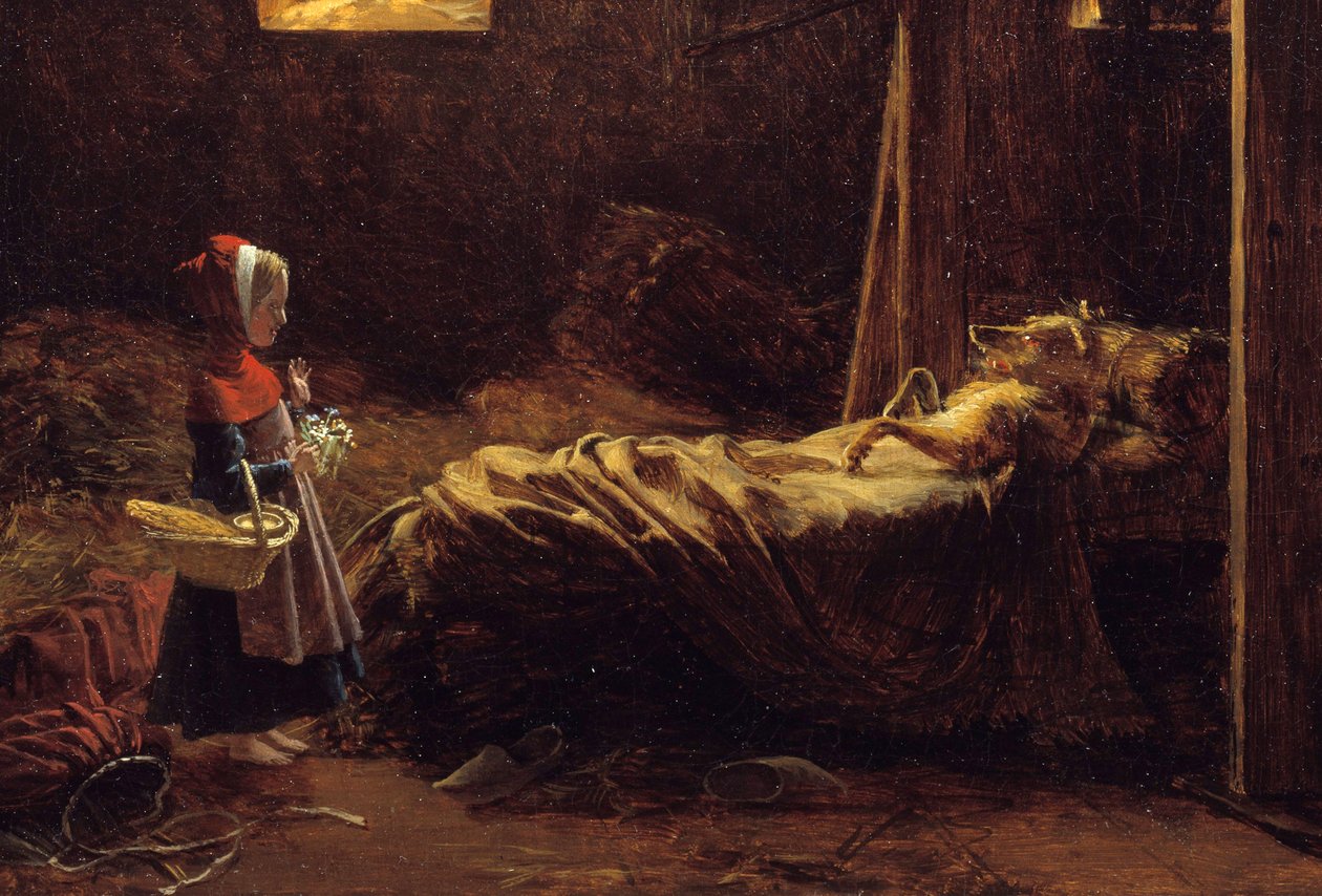 Červená karkulka, detail. Ilustrace příběhu Charlese Perraulta, červené karkulce před vlkem v přestrojení za babičku. Obraz Francoise Richarda Fleuryho (1777-1852) 19. století Sun. 0,35x0,47 m . od Francois Richard Fleury
