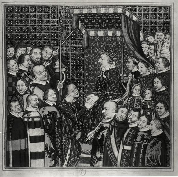Ludvík II. (1337-1410) hrabě z Klementa, vzdávající hold Karlu V. (1338-80) kopie miniatury ze 14. století (akvarel na papíře) (černobílá fotografie) od Francois Roger de Gaignieres