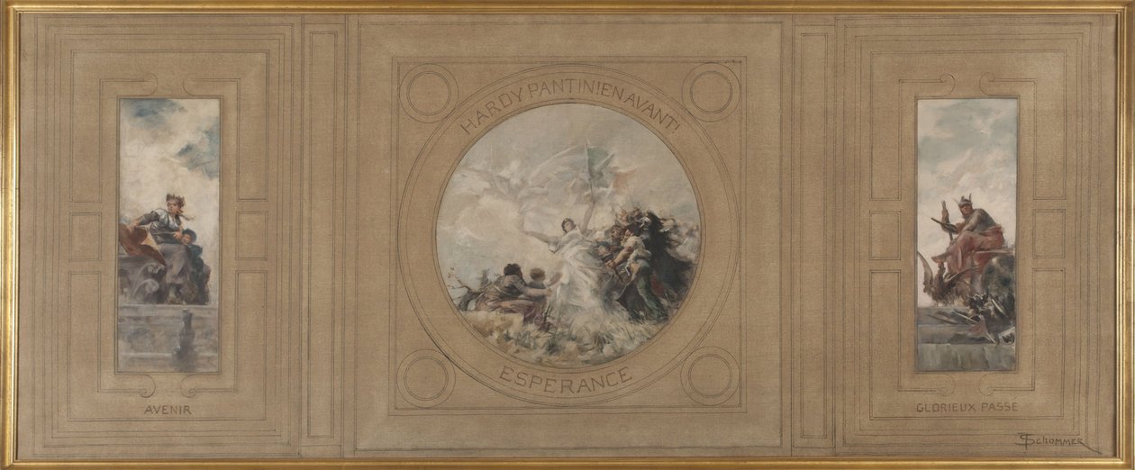 Náčrt radnice v Pantinu: Avenir. Hardy Pantin! Vpřed. Espérance. Slavná minulost, rok 1886 (olej na plátně) od Francois Schommer