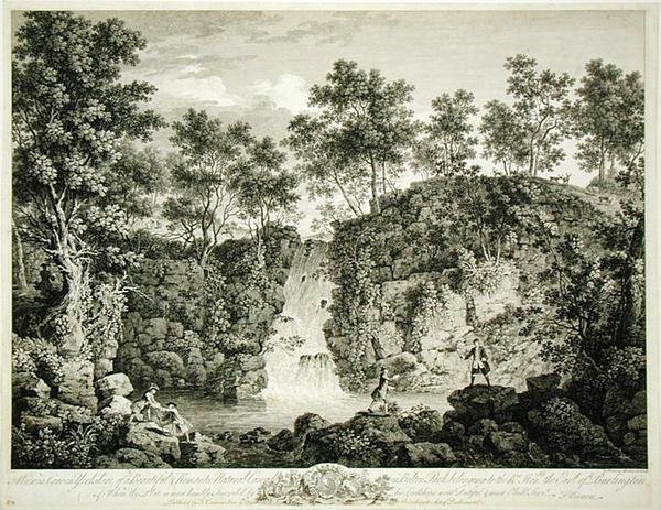 Pohled na kaskádu v Bolton Park, Craven, Yorkshire, publikoval 1753 (rytina) od Francois Vivarez