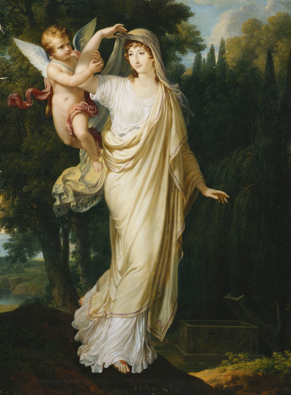 Posmrtný portrét markýzy Fanny Grimaldi, rozené Baronne von Burkenwald, princezny Santa Cruce, markýzy de Monaco et de Genes se chystají připojit k jejímu prvnímu manželovi, markýzi Giovanni Battista Grimaldi u jeho hrobu, 1804 od Francois Xavier Fabre