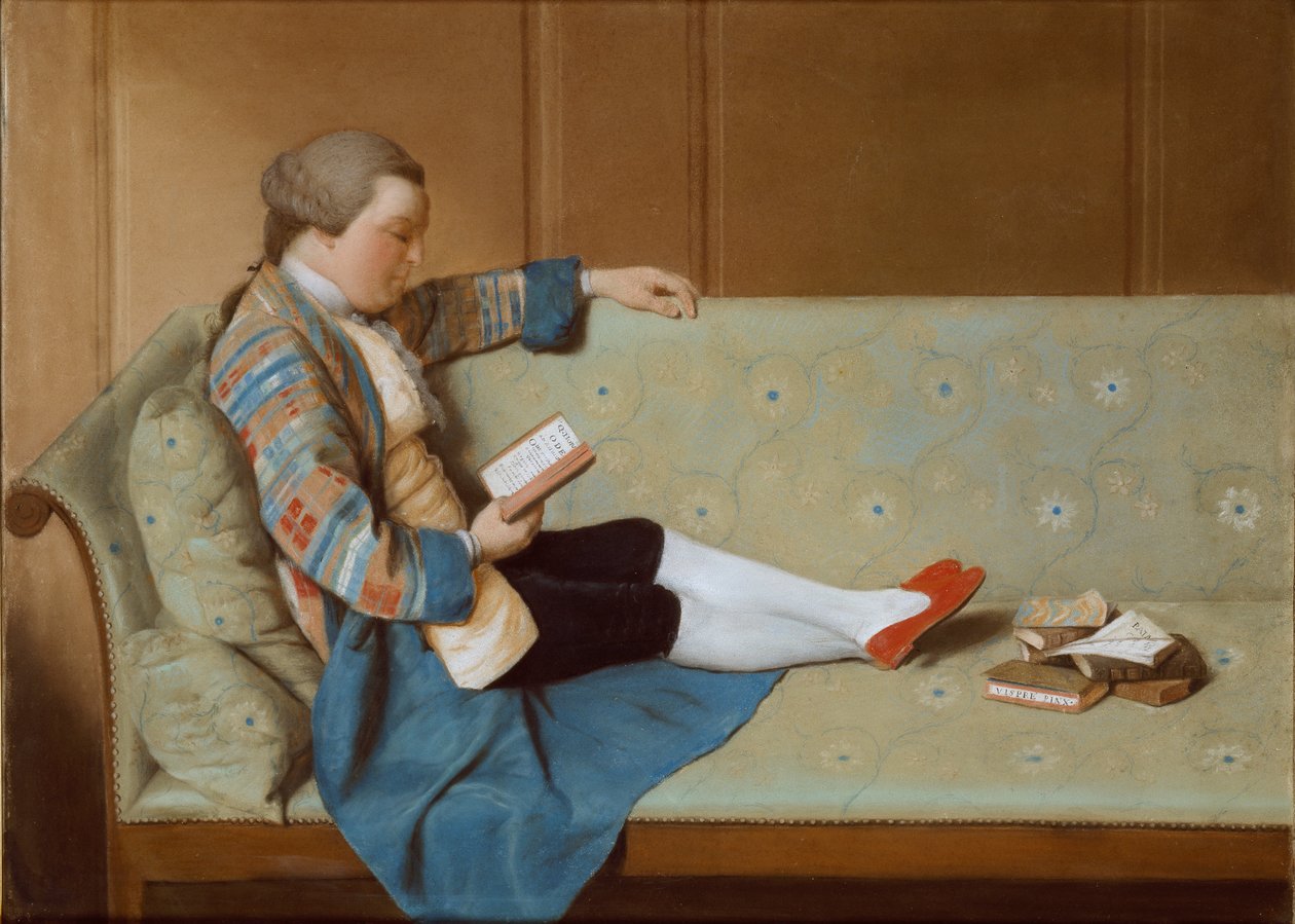 Portrét muže ležícího na pohovce, čtení, polovina 18. století. od Francois Xavier Vispre
