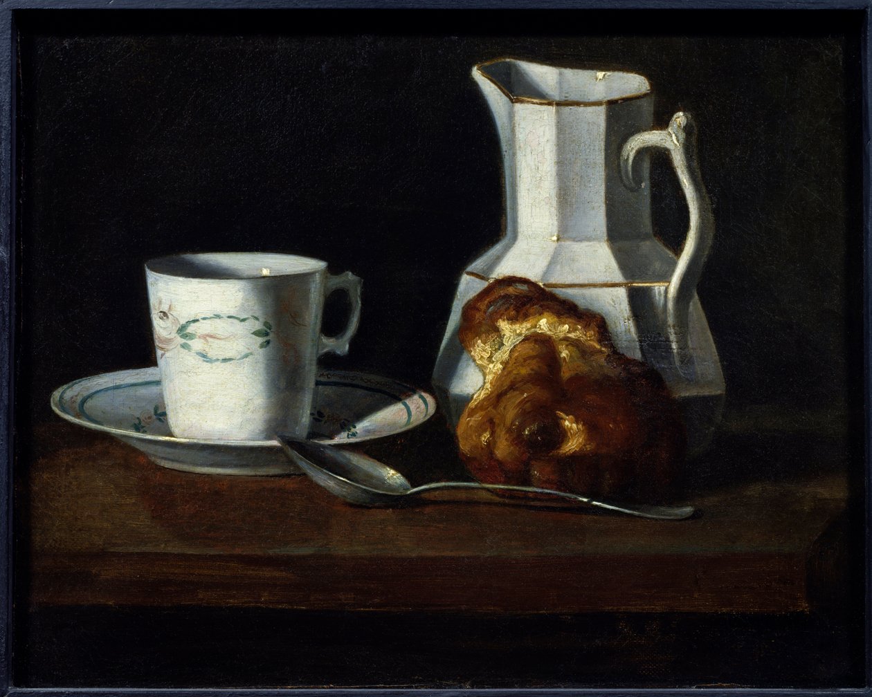 Zátiší s brioškou Hrnek, džbán mléka a brioška. Obraz Francoise Bourin (1817-1887) Roanne z 19. století, musee Joseph Dechelette. - Zátiší, hrnek na dort, džbán na mléko a brioška. Obraz Francoise Bourin (1817-1887) od Francoise Bourin